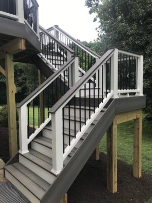 white board decking with white handrails